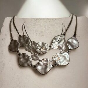 Silver Tone Hammered Disc Necklace Layered Statement Boutique Modern Sculptural